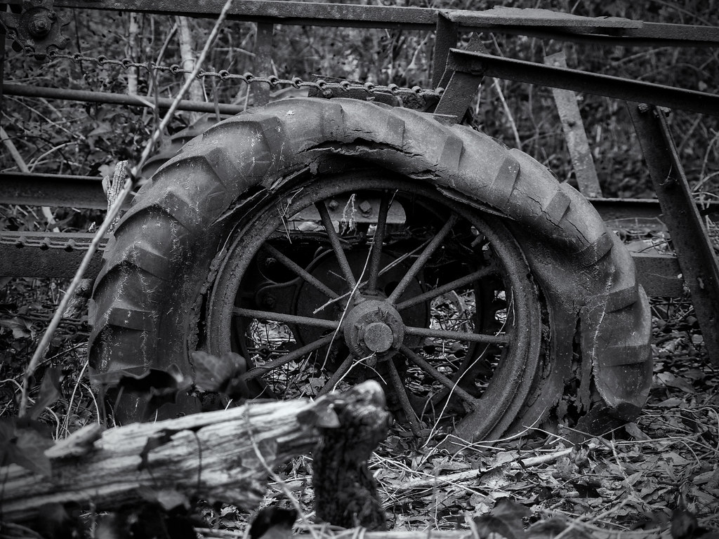 A farm tractor rim and degraded rubber tire with worn tread.
